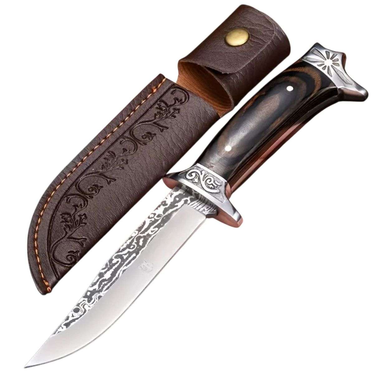 Simulated Damascus Blade Knife With Leather Sheath AC1206