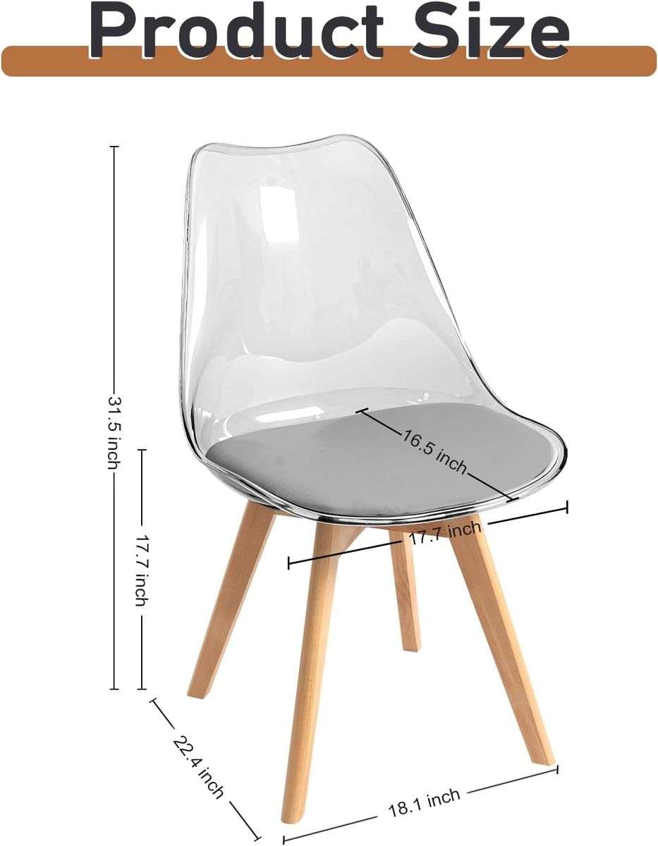 Modern transparent padded chairs with wooden legs Grey - 6 Pack