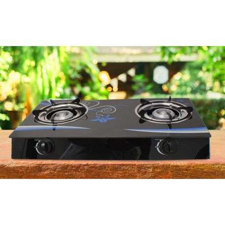 Two-Burner Auto-Ignition Tempered Glass Panel Gas Stove - Blue Petal (PLEASE READ DESCRIPTION)