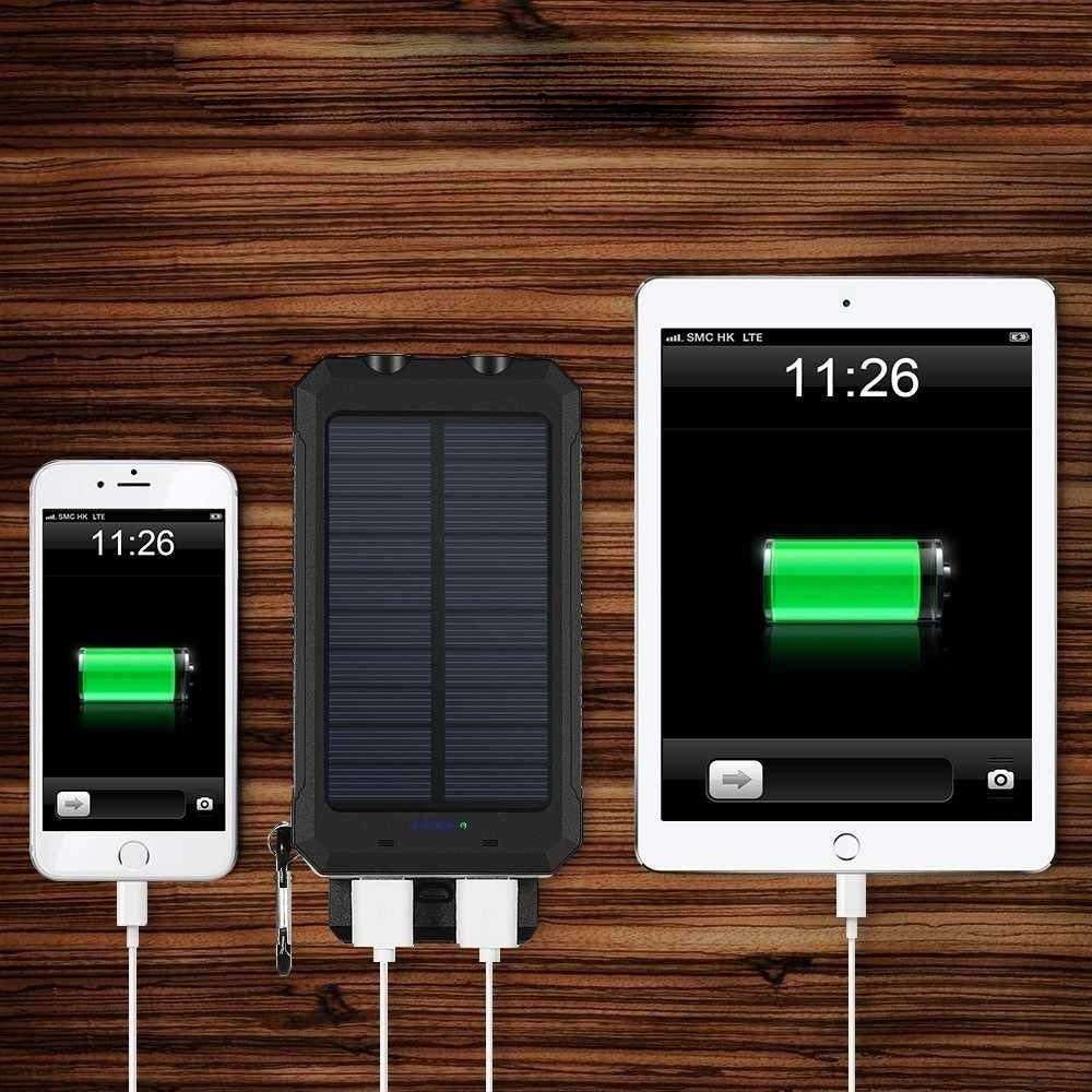 13000mAh Solar Powered Power Bank - Dual USB Output and Flashlight - Black