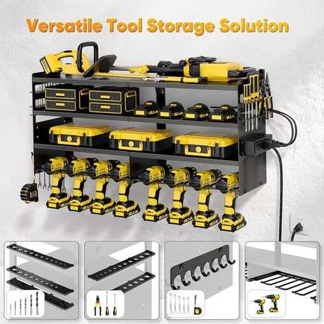 Stylish 4 Tier Large Capacity Wall Mount Tool Organizer, Metal Garage Storage Rack