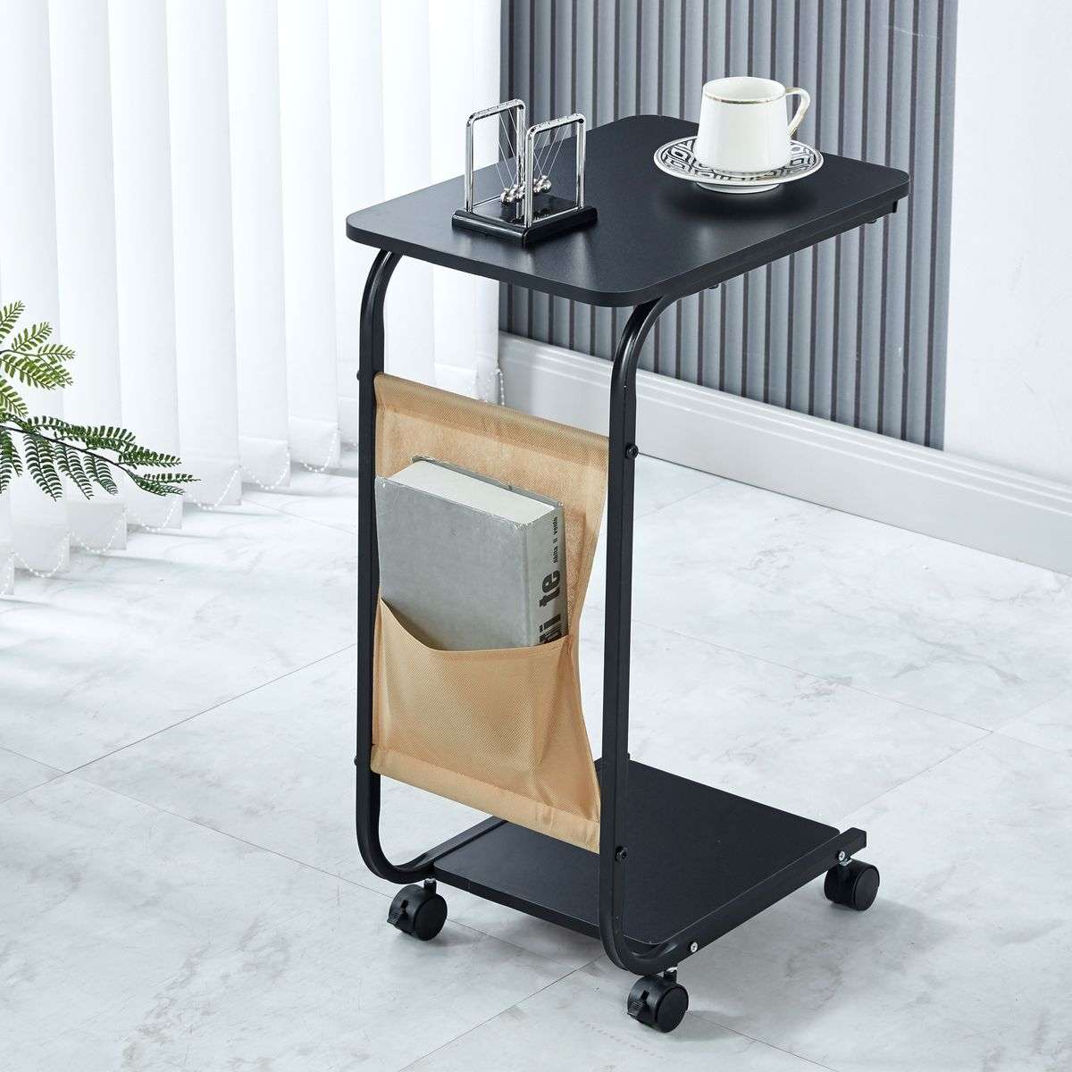 Bed Side Table with Storage Bag and Wheels - Black