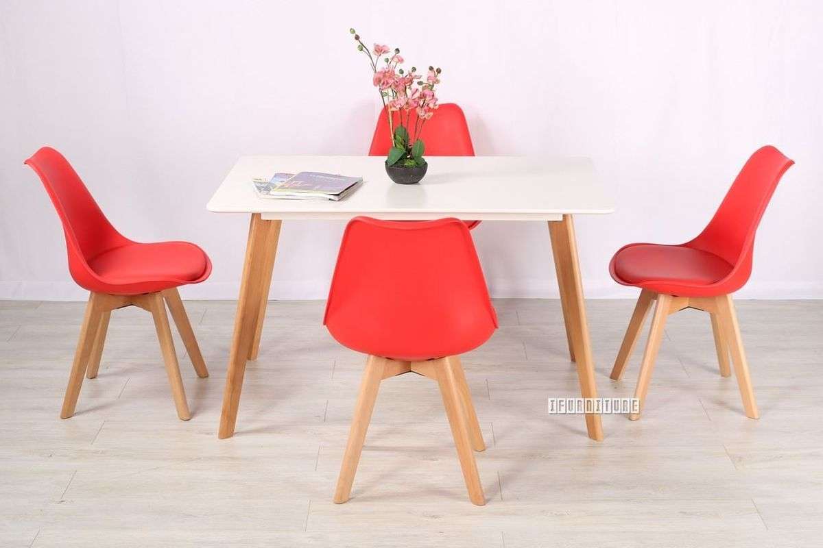 Dining Sets - Rectangular Dining Table with Four Padded Red Chairs