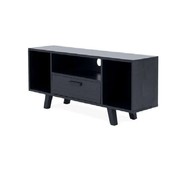 Modern TV Unit with Hinged Storage Door & Open Shelves - MDF Superwood - Black