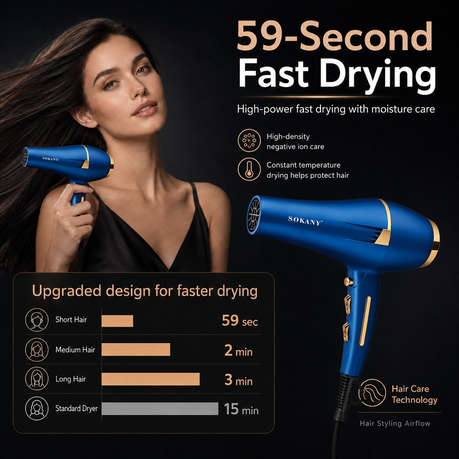 High-Airflow Ionic Hair Dryer with 6 Settings & 2 Nozzles, Blue/Gold