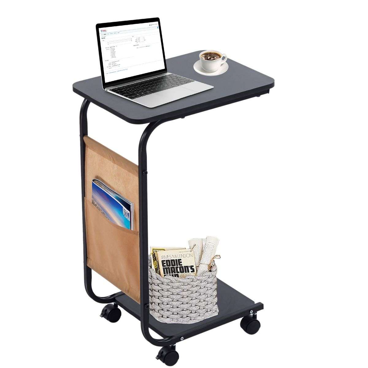 Bed Side Table with Storage Bag and Wheels - Black