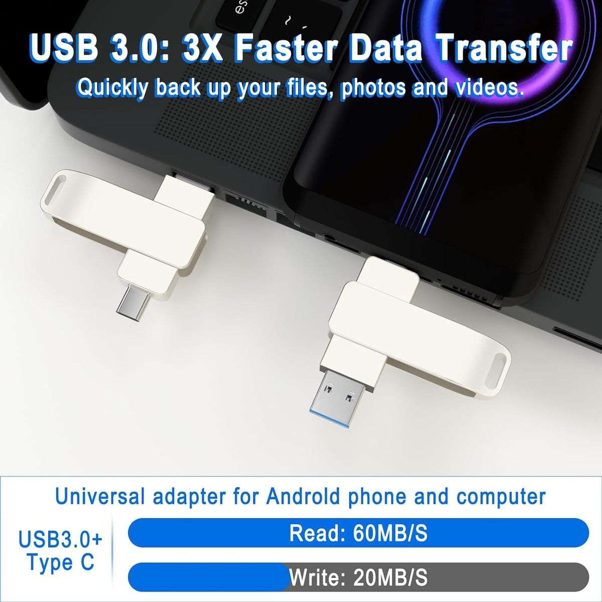 BezosMax 256GB Dual Interface Flash Drive USB 3.0 /Type-C 2 in 1 High Speed Flash Memory