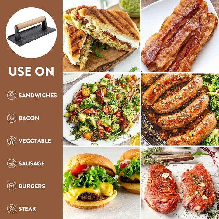 Cast Iron Meat, Burger & Bacon Press with Wooden Handle - Heavy Duty