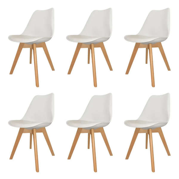 Padded Seat Wooden Leg Dining Chairs - Pack of Six - White Colour