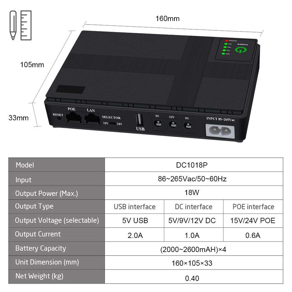 10400 mAh Mini UPS Backup Power Supply for Wifi Router and Support POE
