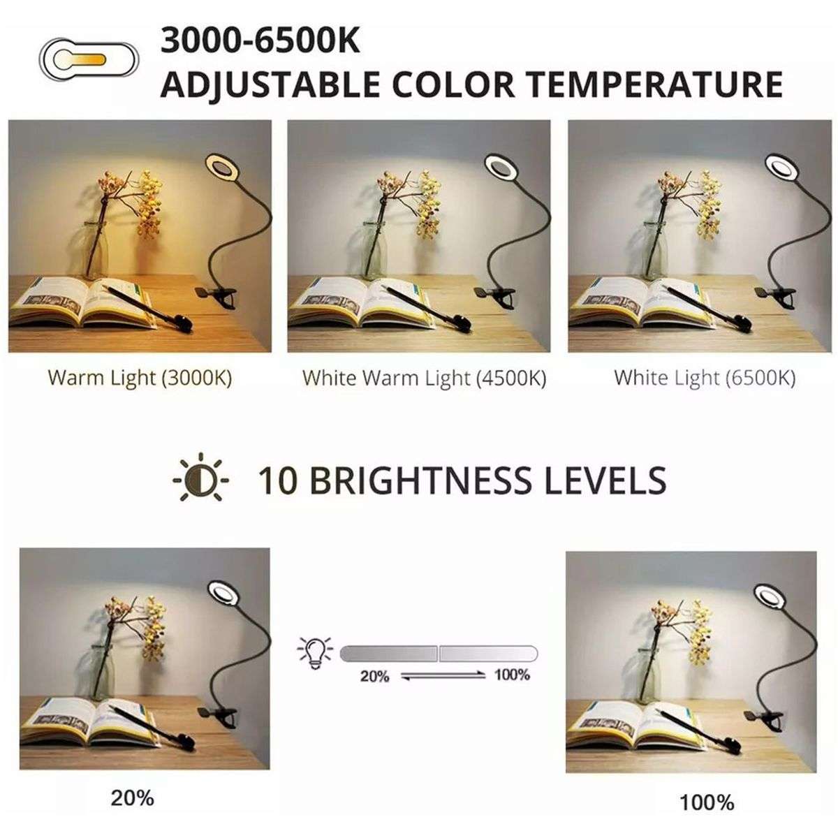 LED Clip Light Eye Protection Reading Lights Desk Lamp USB Bedside lamp