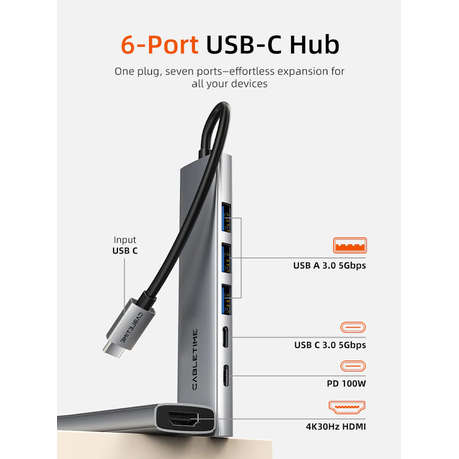 Cabletime - 6 IN 1 USB C Hub with HDMI and 100W Power Delivery - Cabletime - 6 IN 1 USB C Hub wit...