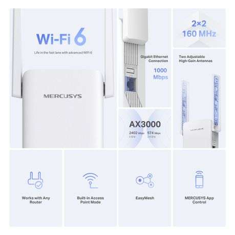 Mercusys - ME80X AX3000 Wi-Fi 6 Range Extender Dual Band - Mercusys - ME80X AX3000 Wi-Fi 6 Range ...