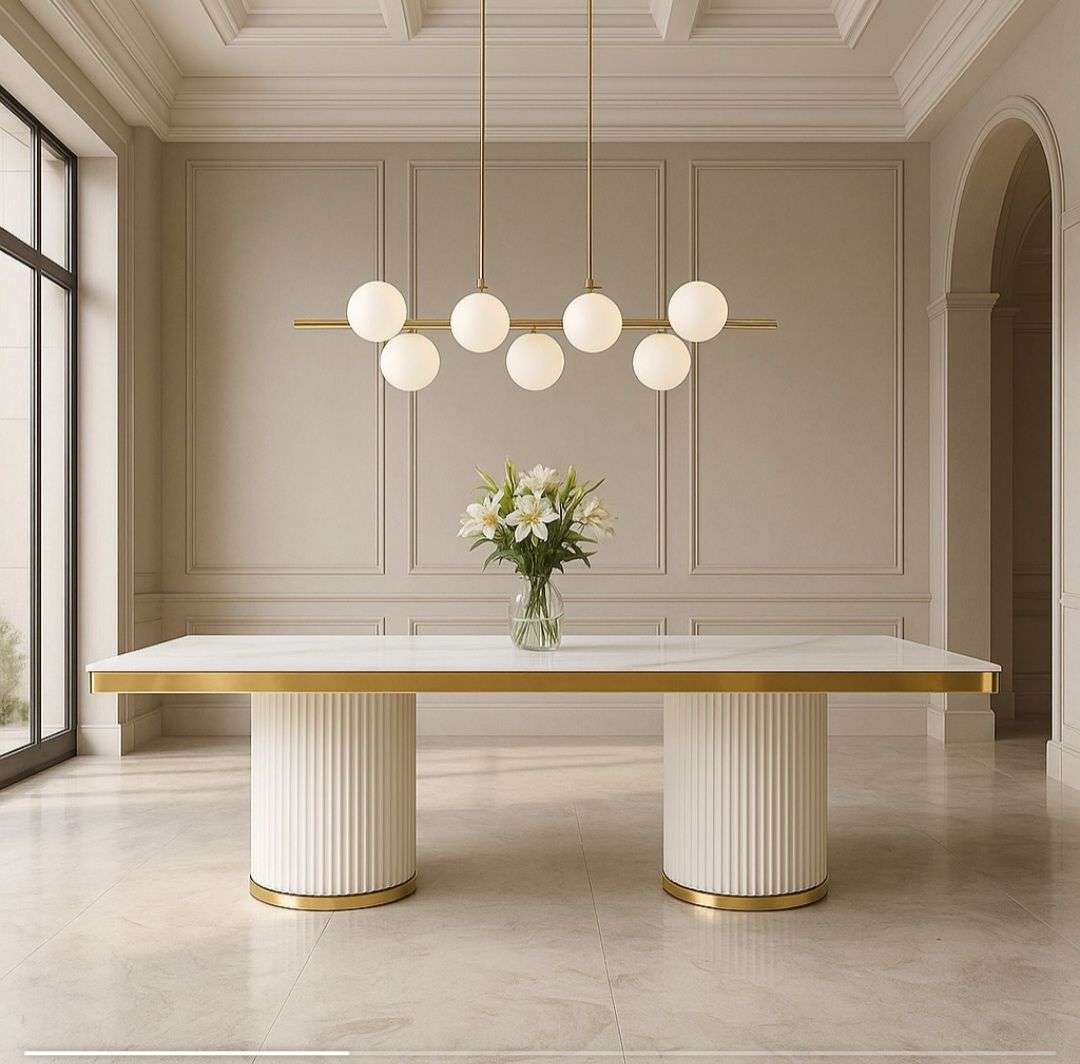 Luxury Modern Dining Table - Marble Top with Gold Trim Base