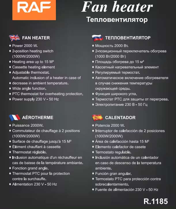2000W RAF FAN Heater. Hot or Cold Function.