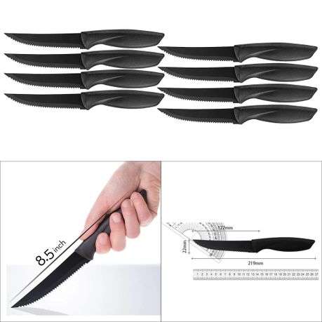 8 Piece Black Steel Serrated Steak Knife Set