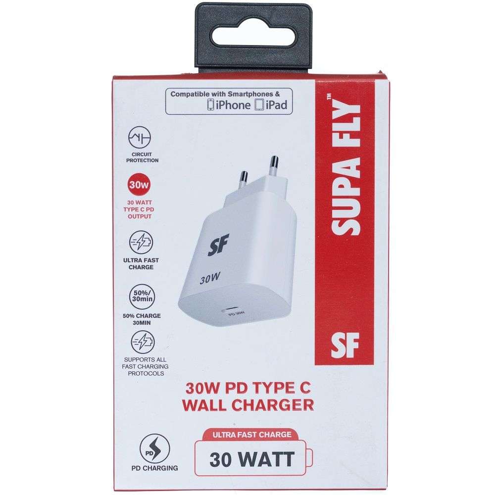 Rapid-Charge 30W PD Type-C Wall Charger Adapter Plug Supa Fly - White - 0.0 m - Ultra-Fast Charging