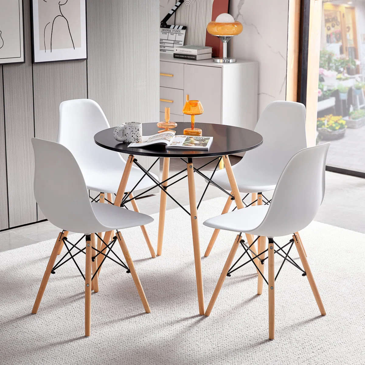 Modern Round Dining Table Set - 5 Piece - White, Black