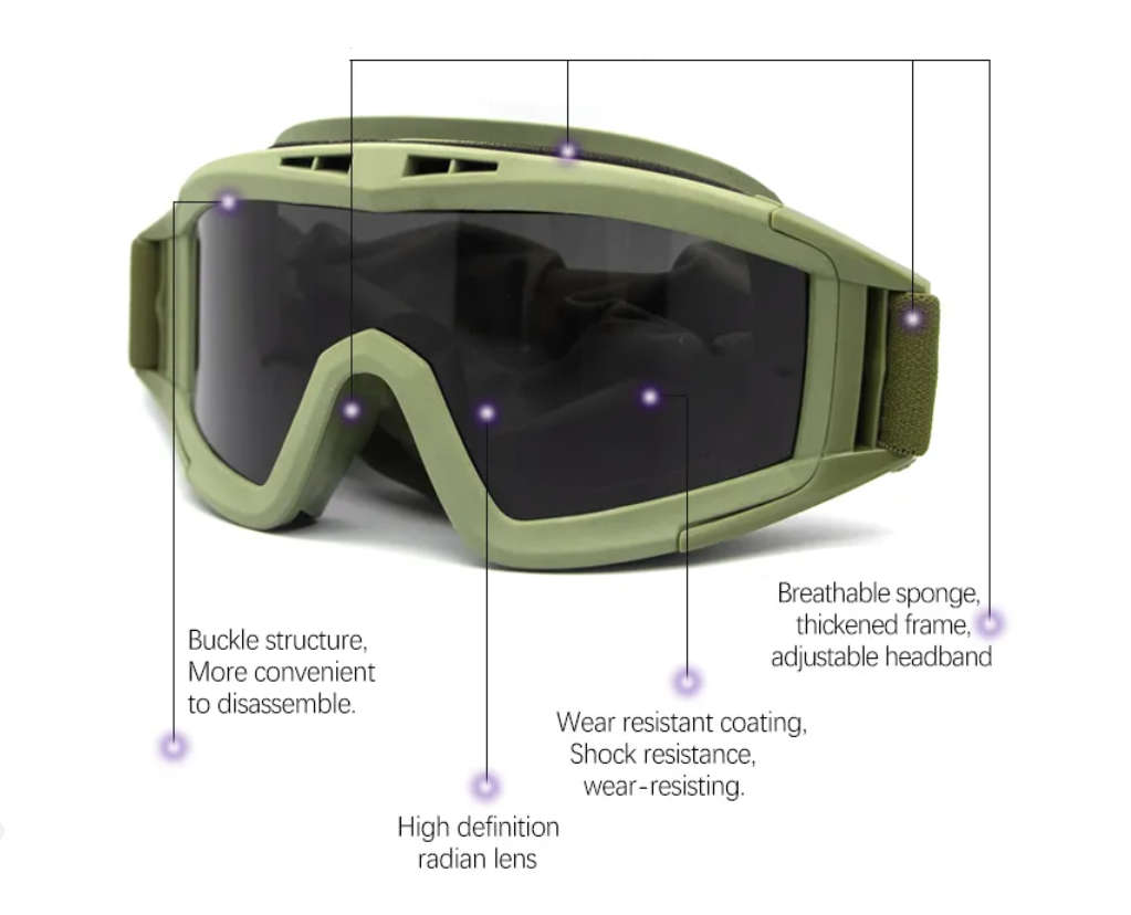 Tactical Goggles with 3 Interchangeable Lens - Black
