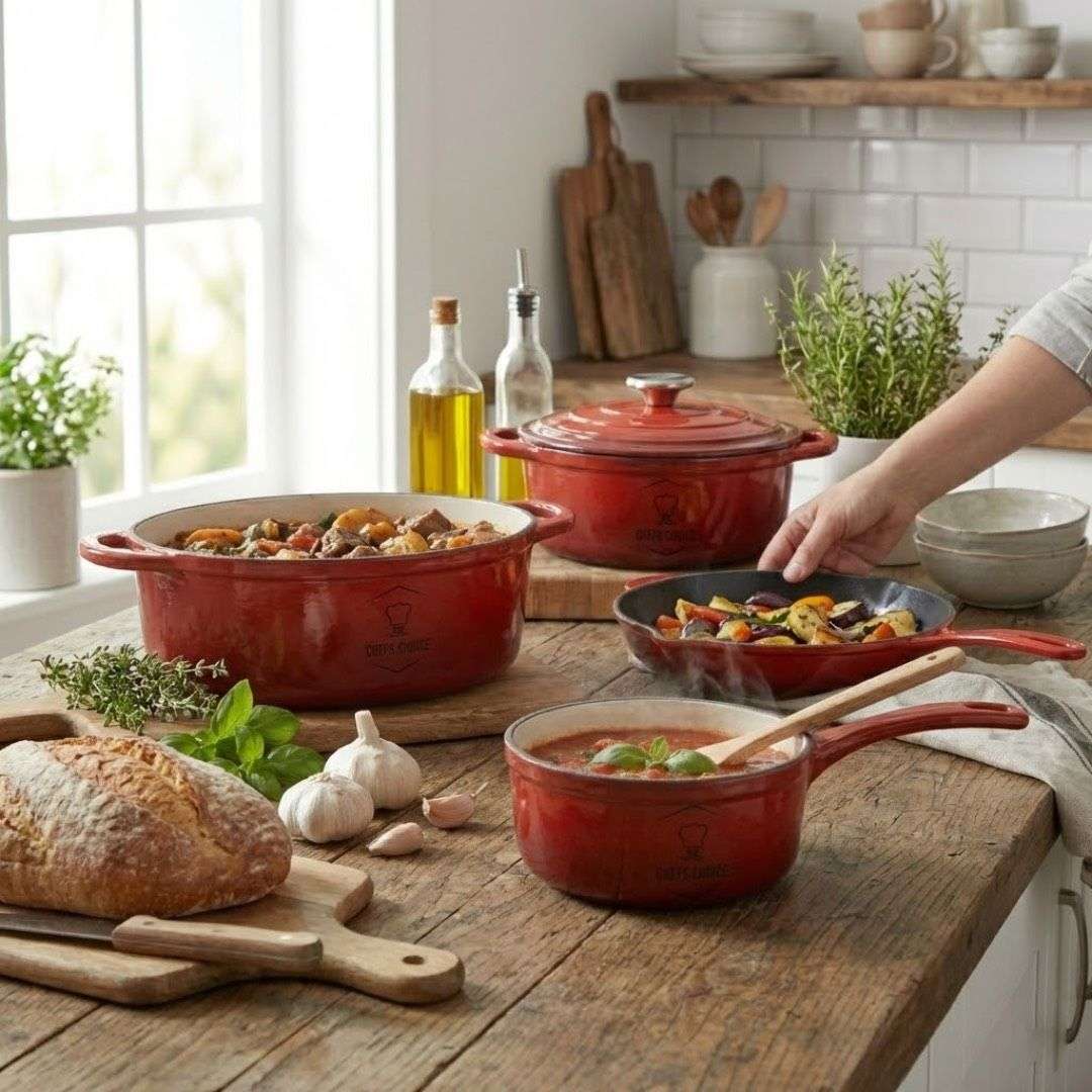 7 Piece Cast Iron Cookware Dish Pot Set - Red