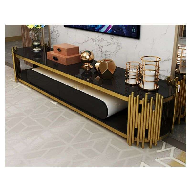 Plasma / Smart TV Stand -Black Glass Top and a Titanium Golden Stainless Steel Base