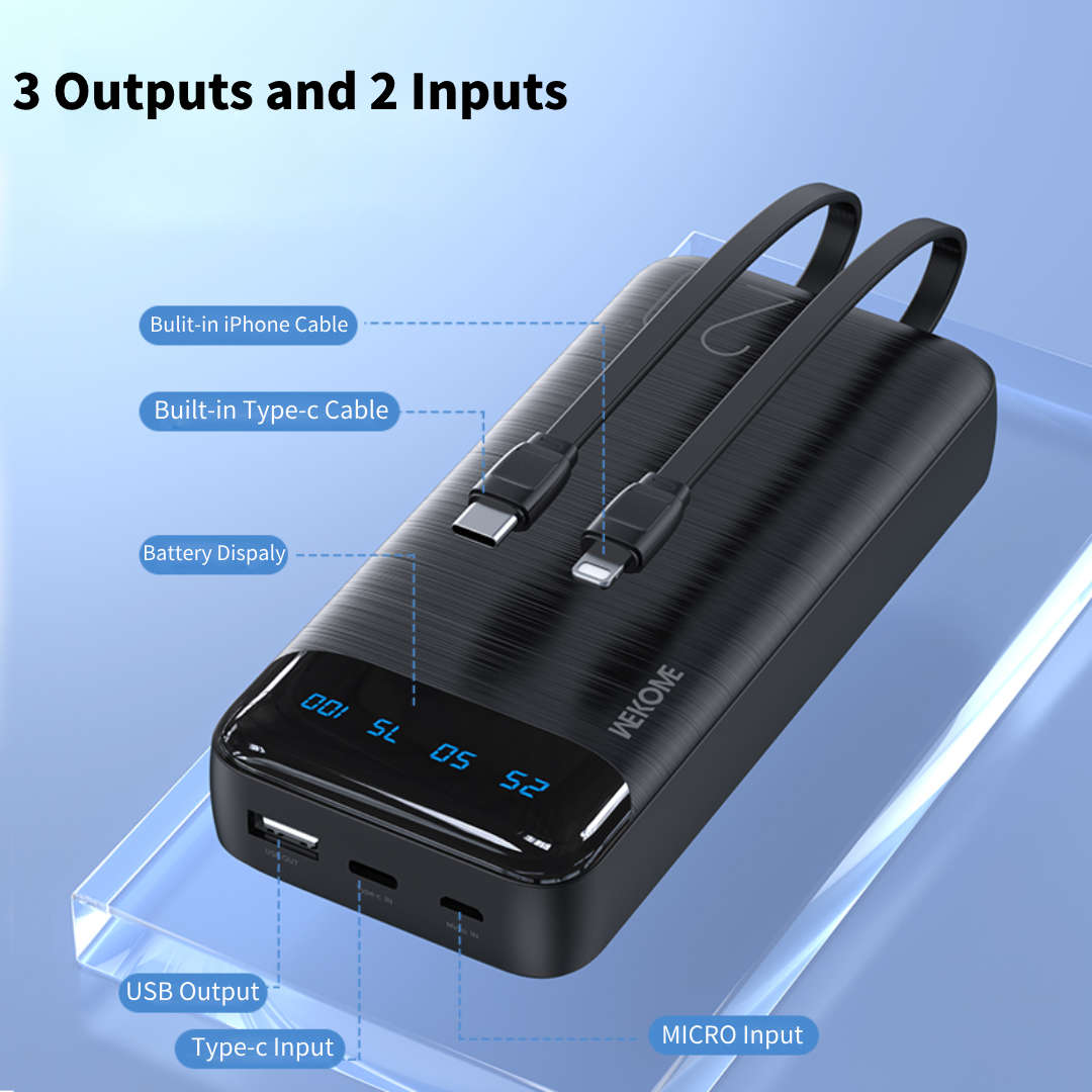 20000mAh Power Bank with Built-in Cables 3 Outputs 2 Inputs