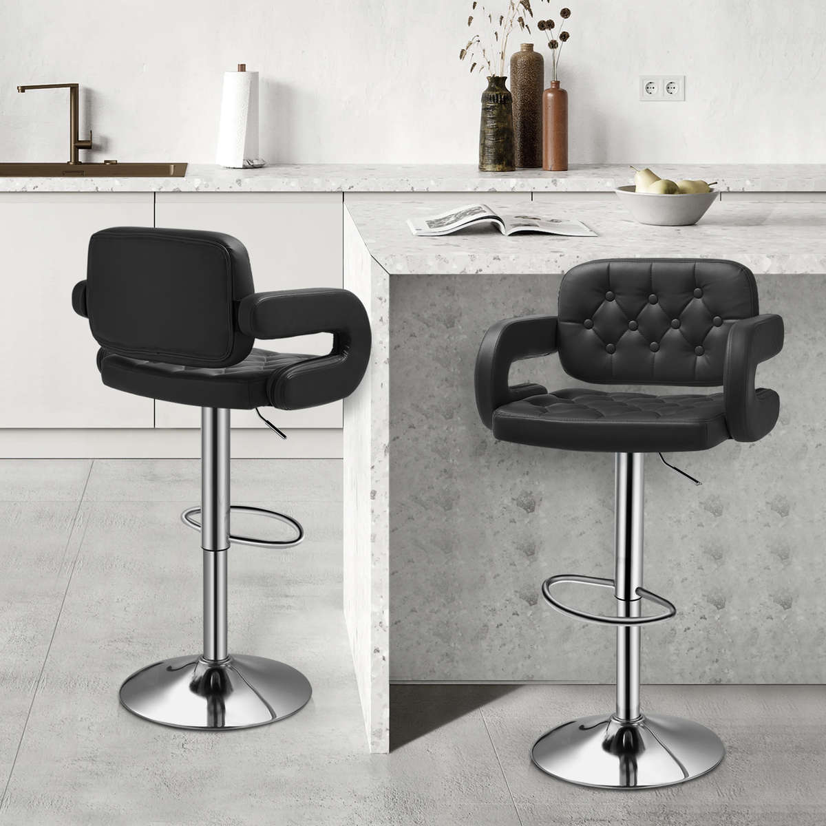 Bar Stools - Luxury Leather Barstools with Chrome Base - Black Colour