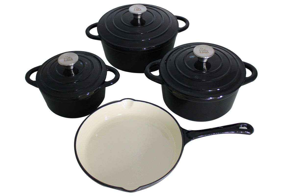 LMA 7 piece Cast Iron Dutch Oven Cookware Set - Black