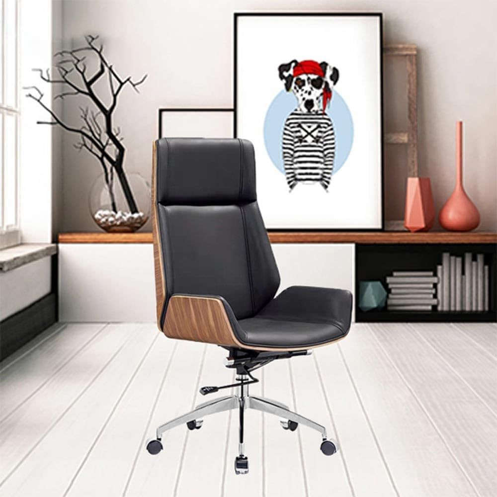 Office Chairs - Executive Brown Wooden Base Microfiber Leather Top - Black Colour