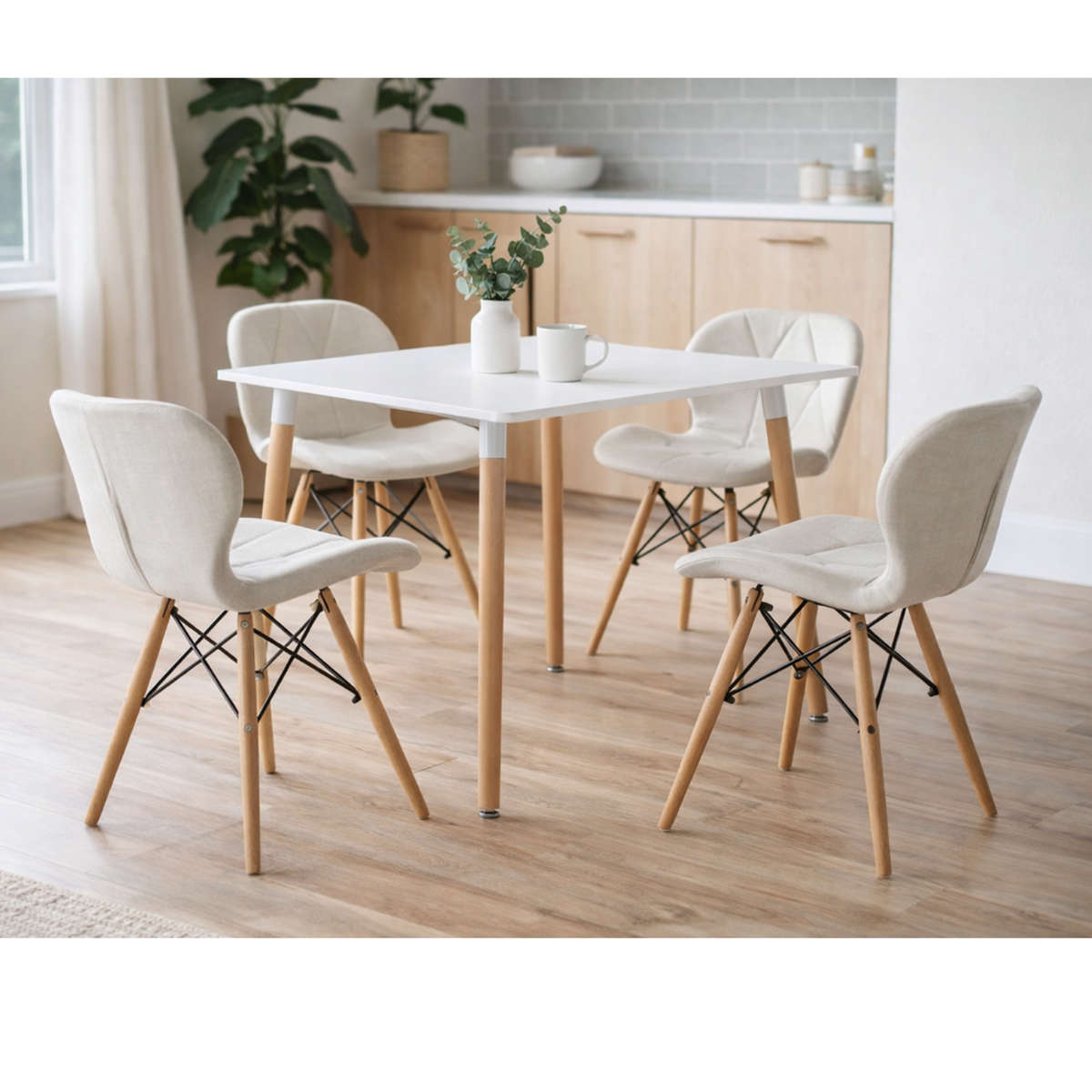Modern White 5-Piece Dining Table Set With 4 Upholstered Chairs