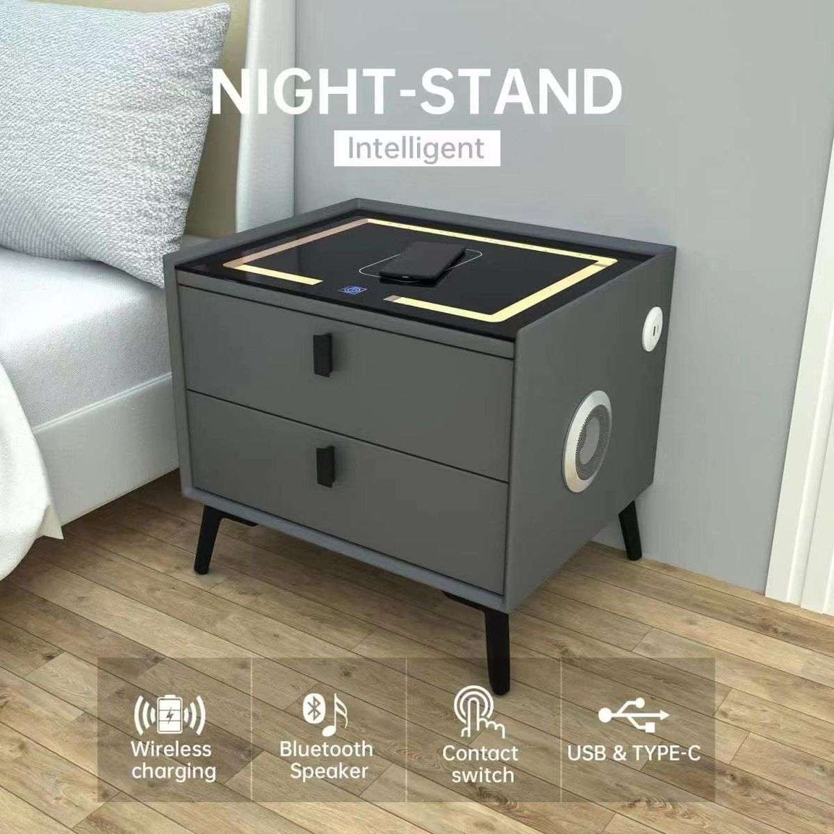 2-Drawers Nightstand with Wireless Charging, Fingerprint, Speaker and LED