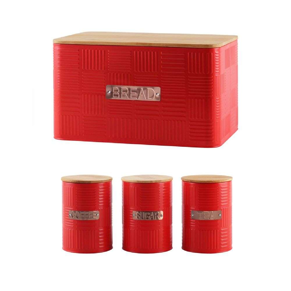 Bamboo Lid Bread Bin And Canister Set - Red (PLEASE READ DESCRIPTION)