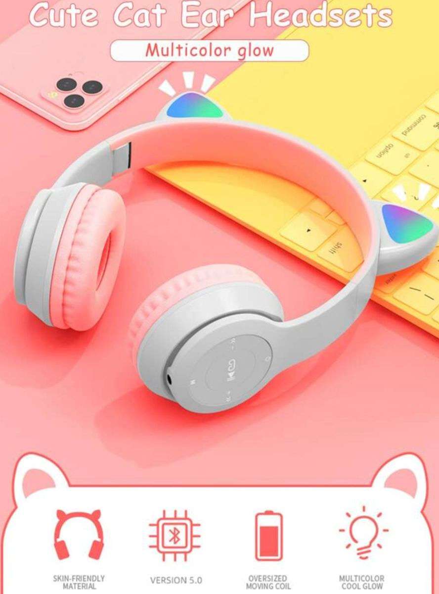 Cat Ear Wireless Bluetooth Headphones - LED Light Up - Grey