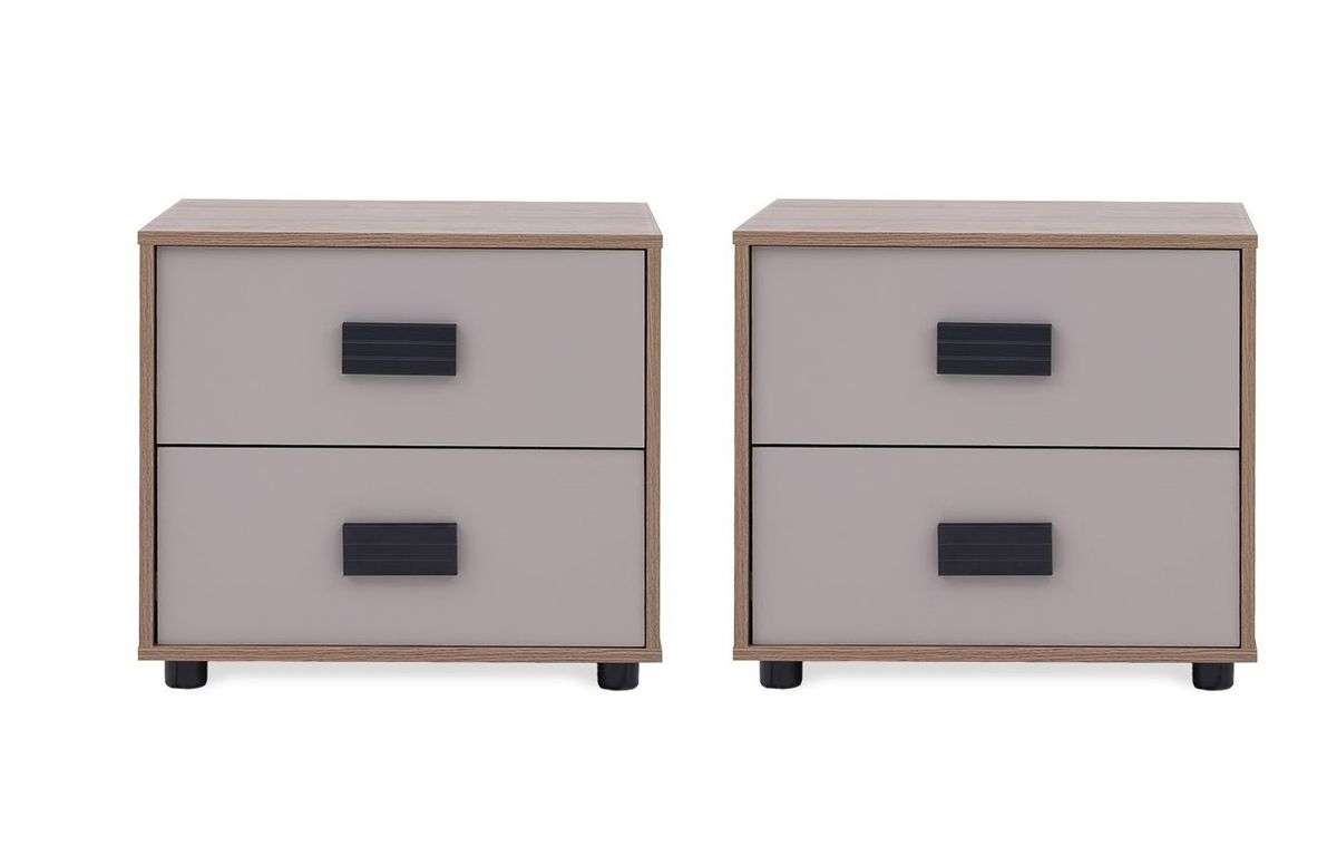 2 Drawer Bedside Pedestal Set - Modern Wood & Beige (2 Pack)