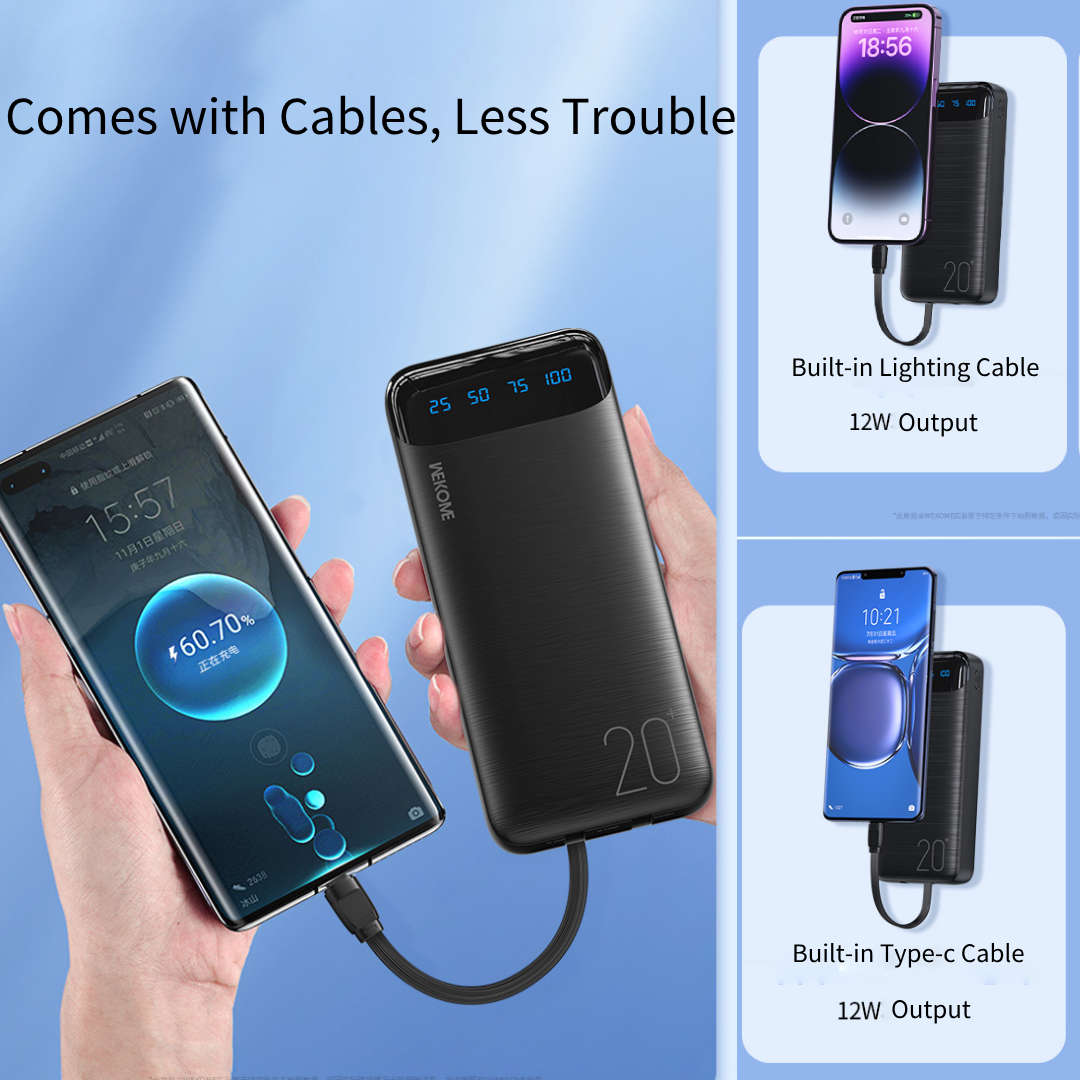 20000mAh Power Bank with Built-in Cables 3 Outputs 2 Inputs