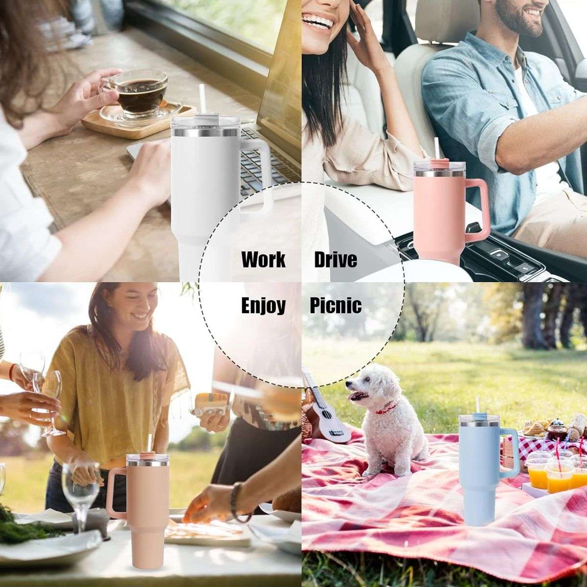 Red Tumbler With Handle and Straw - 1200ml