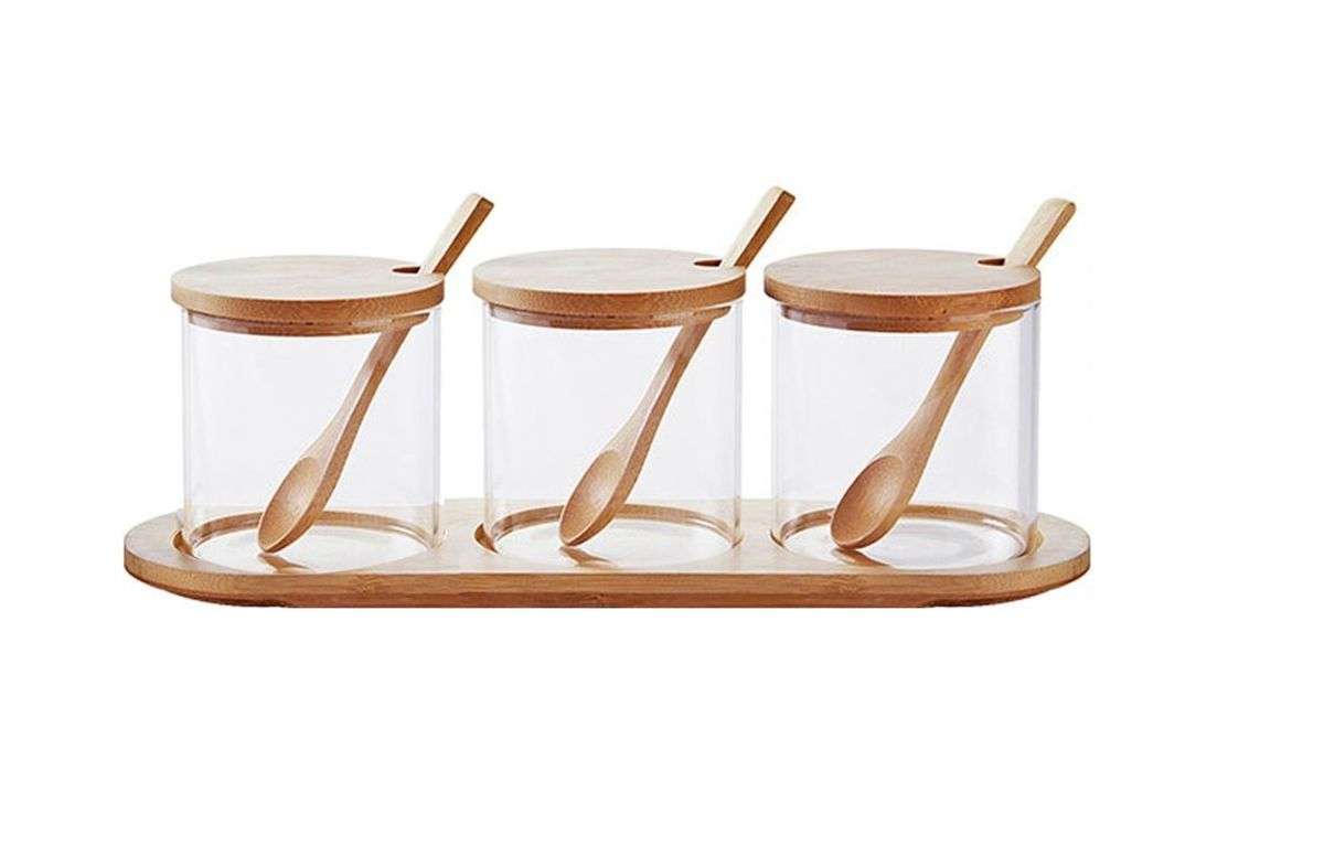 Glass Spice Jars Set With Bamboo Lid and Spoons - 3 Piece