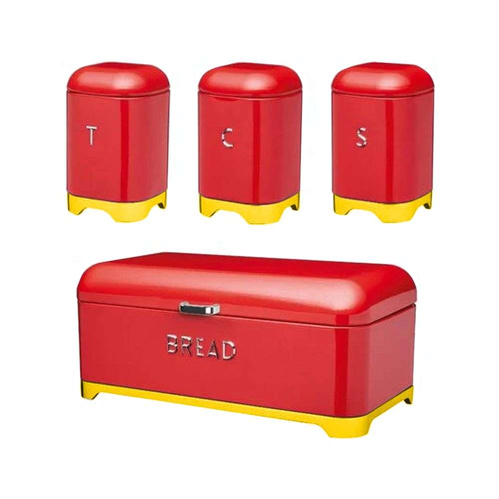 Breadbin with 3 Piece Matching Canister Set - Red, Gold