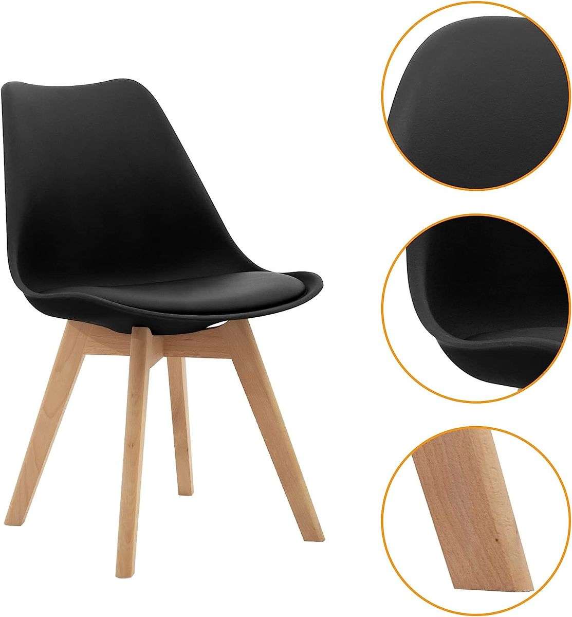 Dining Chairs Set - 4 Pack - Soft Padded Shell Chair with Wood Legs - Black