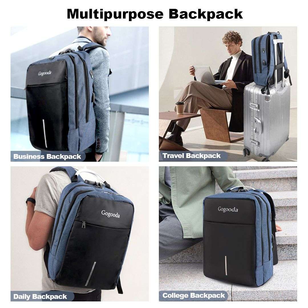 Anti-theft Travel Backpack Laptop School Bag with USB Charging Port - Navy Blue