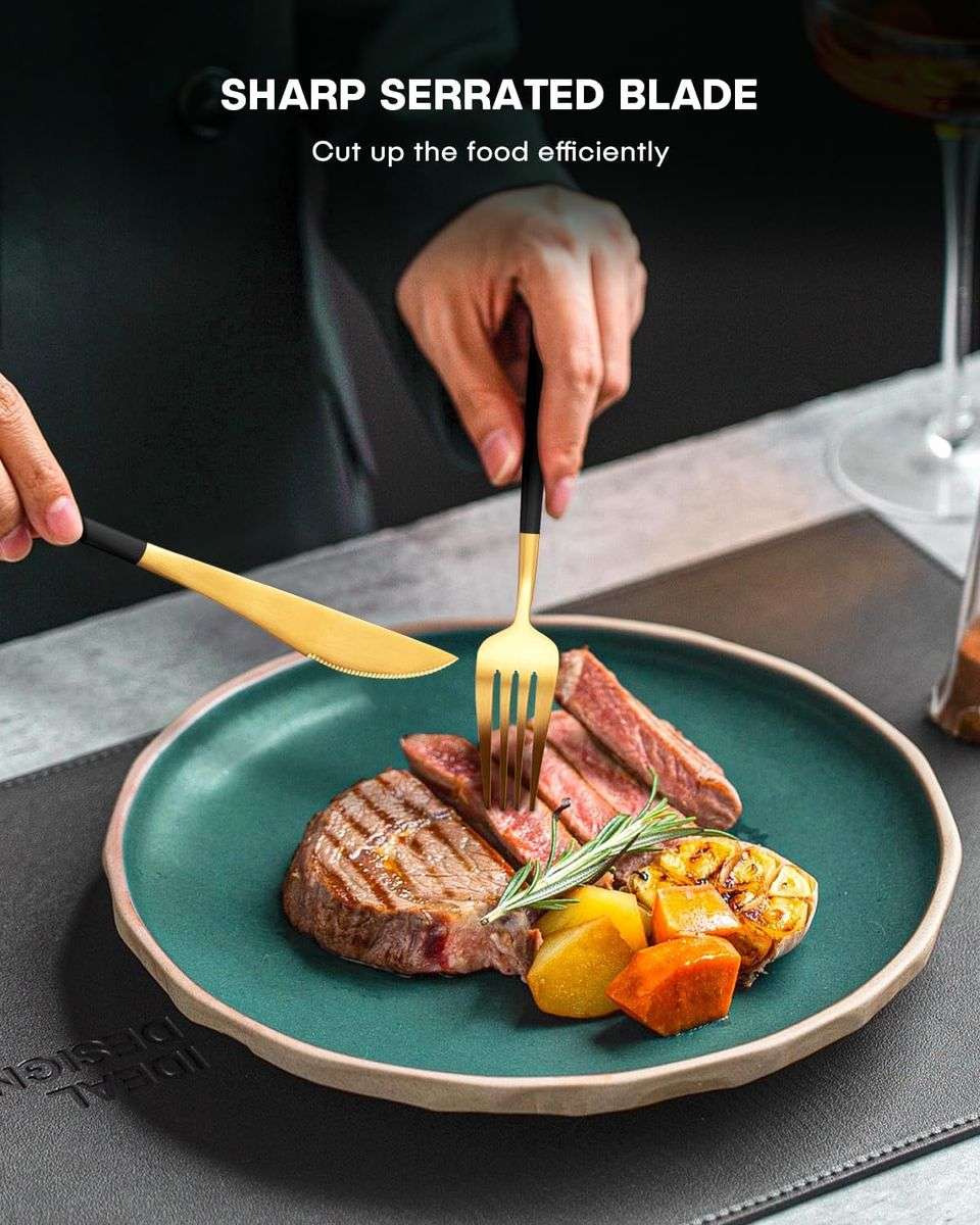 Jane Becker 24-Piece Stainless Steel Cutlery Set - Premium Quality - Black & Gold