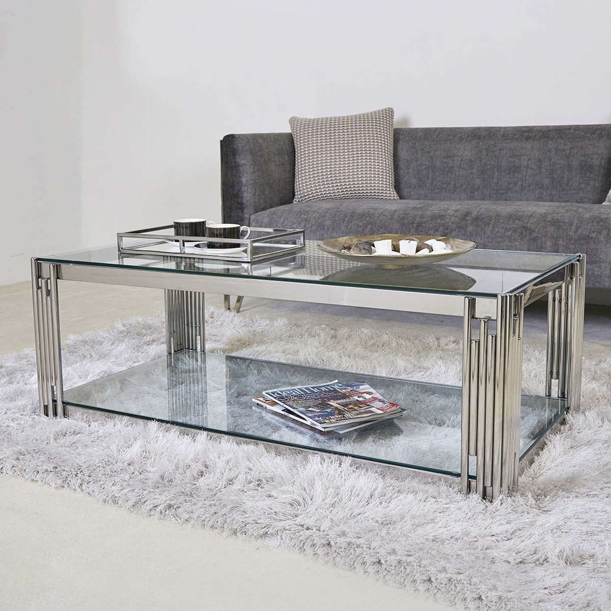 Rectangular Tempered Glass Top Coffee Table with Steel Frame-Gold or Silver