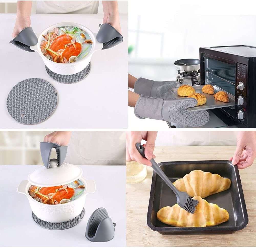 Kitchen Oven Gloves Mitts Pot Holder Brush 7 Pcs - Extra long Multipurpose
