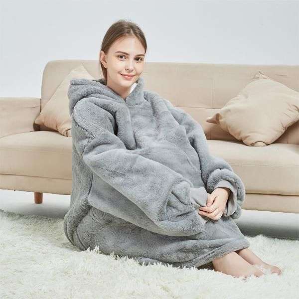 Unisex Grey Oversized Plush Hoodie Blanket