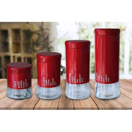 4 Piece Decadent Glass Jar Canister Set - Coffee Sugar Tea & Pasta - Red (PLEASE READ DESCRIPTION)