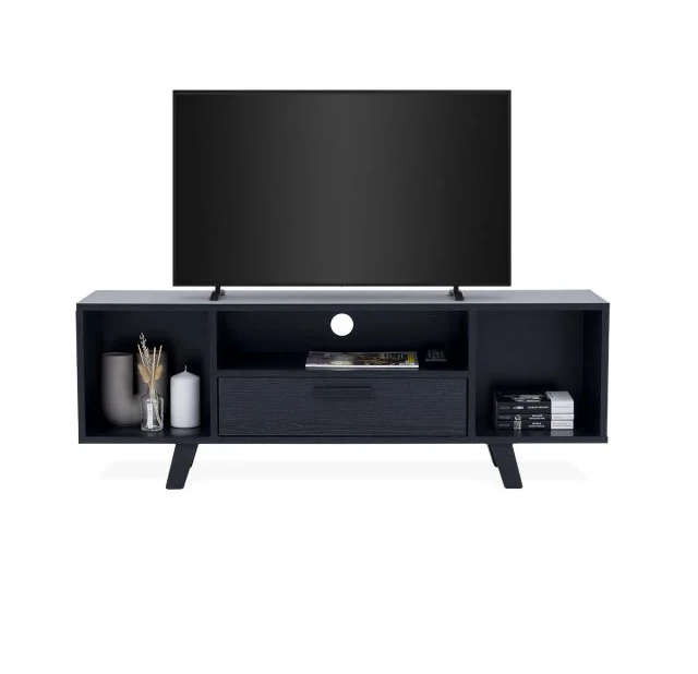 Modern TV Unit with Hinged Storage Door & Open Shelves - MDF Superwood - Black