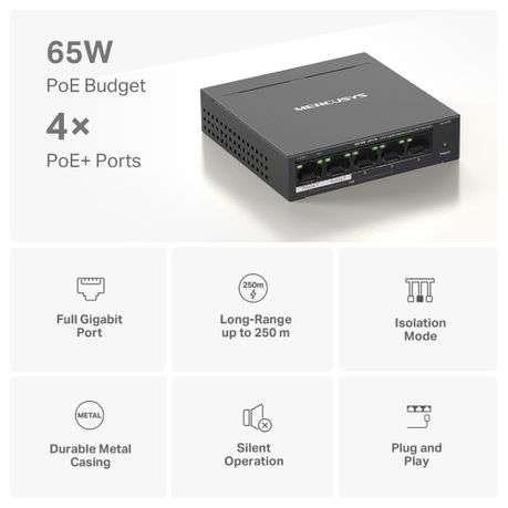 Mercusys - Tp-Link - Mercusys MS105GP 5-Port Gigabit Desktop Switch with 4-Port PoE+ - Mercusys -...