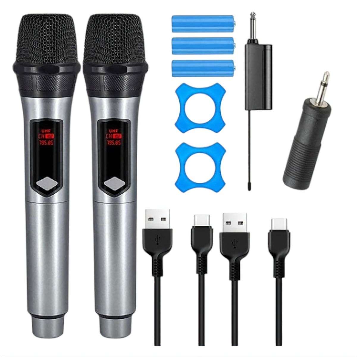 2Pc Wireless Handheld Microphone Set With Rechargeable Receiver & Batteries