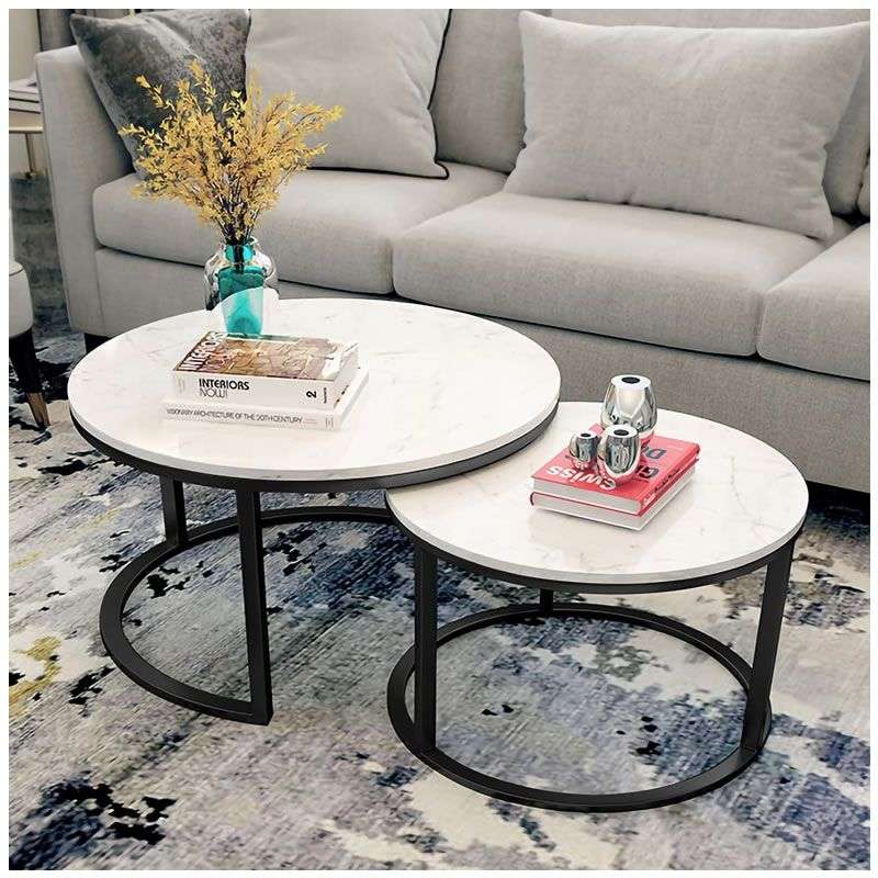 Set of 2 Rounded Faux Marble Top Nesting Coffee Tables