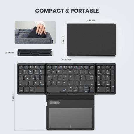 Foldable Bluetooth, Rechargeable Tri-Folding Ultra Slim Travel Keyboard